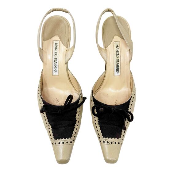 Manolo Blahnik Vintage Two Tone Brogue Slingback Kitten Heels 37.5 - Picture 4 of 12